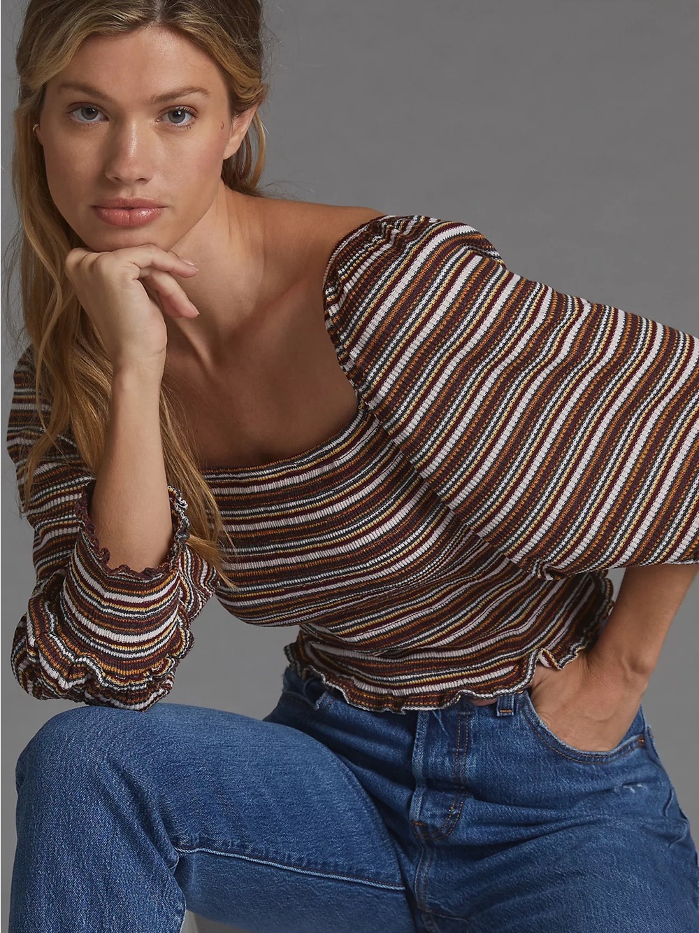 Anthropologie Smocked Puff-Sleeved Striped Top